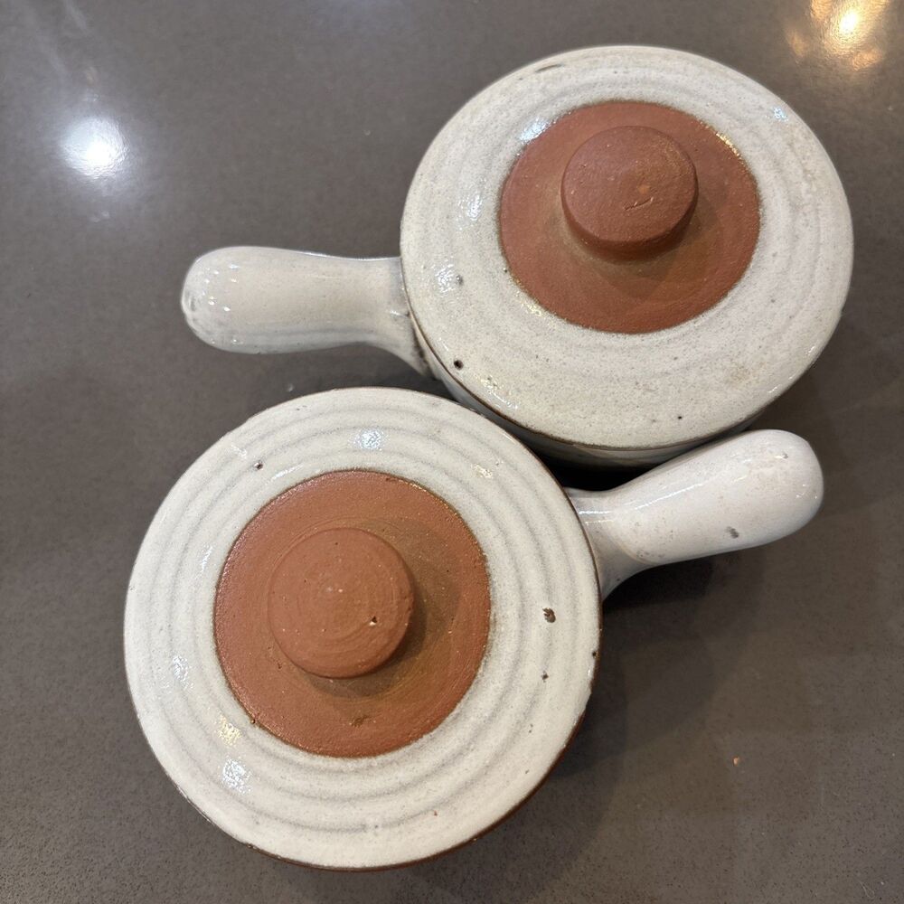 Set 2 Clay Pottery Covered Bean Pot Soup Bowl Crock Glazed Set 2 W Lids